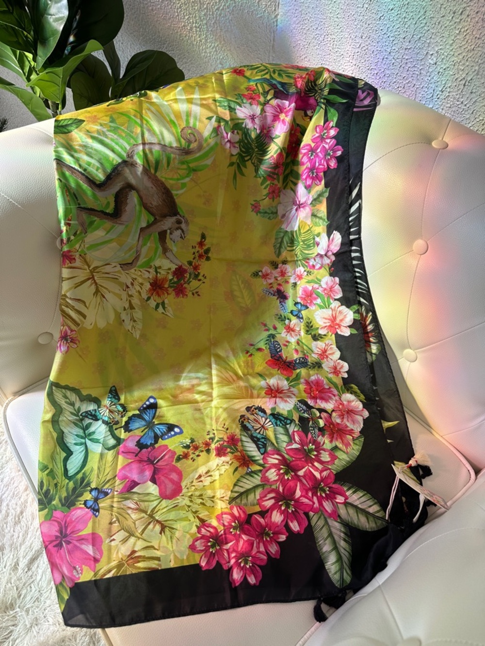 Johnny Was Amorina 100 Silk Scarf Tropical Floral Scarf-Yellow with Pink & Green - Picture 9 of 14